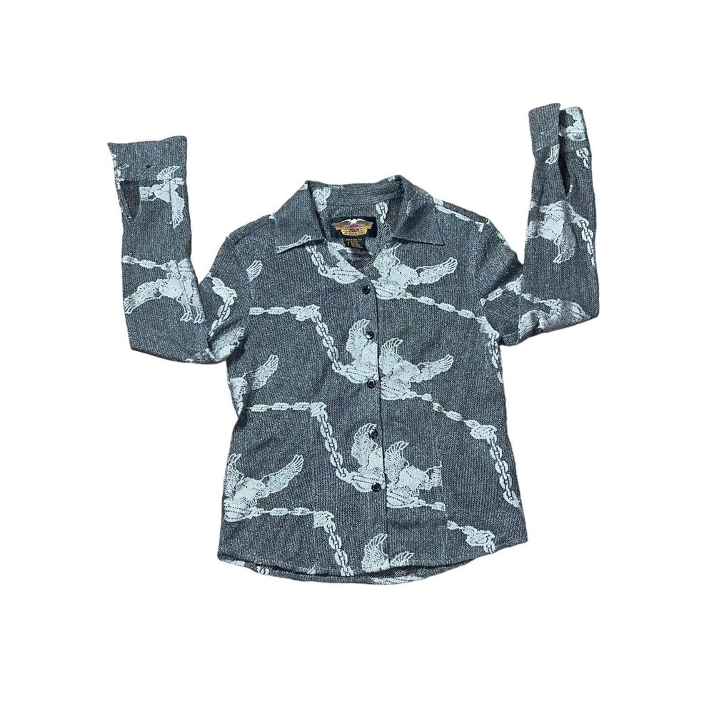 Harley Davidson Women’s Small Gray Embroidered Eagle Open Knit Button Blouse Top